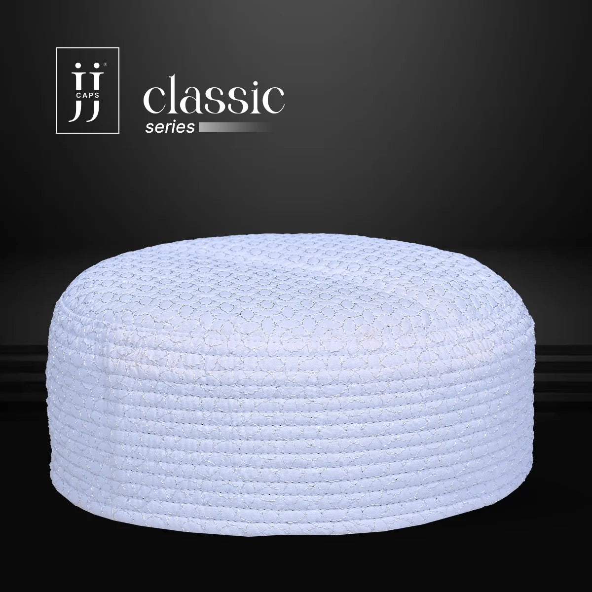 HayaStyle reversible Kufi cap in white with detailed Sham design, inspired by Junaid Jamshed (JJ Caps®).