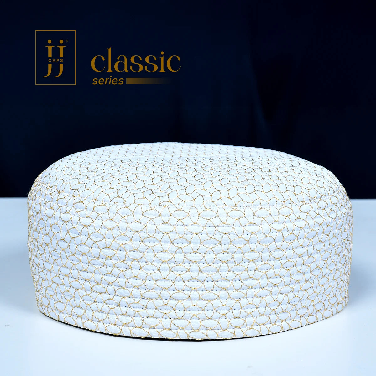 HayaStyle reversible Kufi cap in White with Sham design and Golden threads, inspired by Junaid Jamshed.