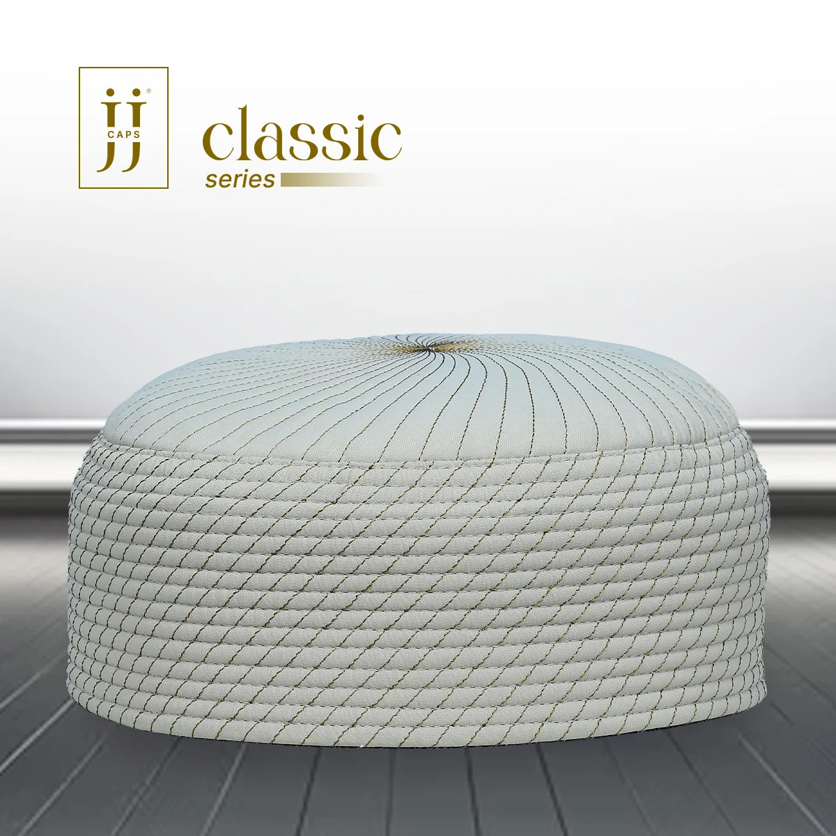 Cream fabric reversible Kufi with Siraj design and Mustard threads, offering a warm look.