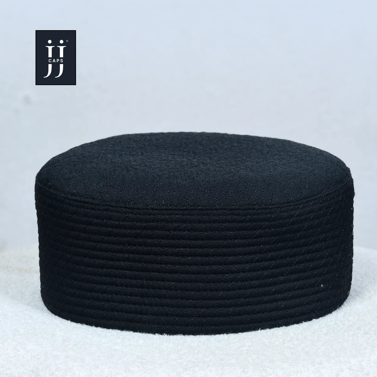 HayaStyle reversible Kufi cap in black with Badr design, premium JJ Caps® style.