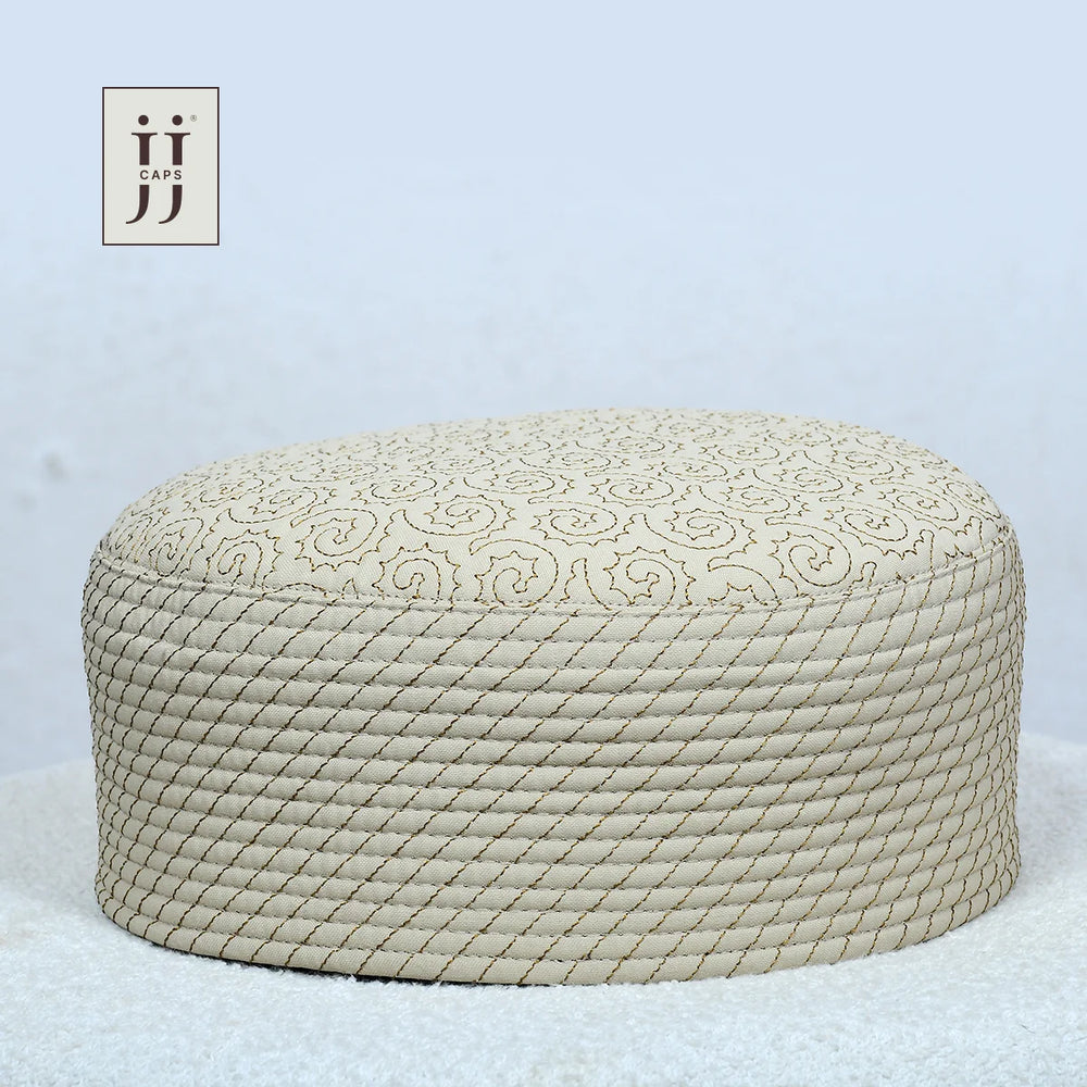 HayaStyle reversible Kufi cap in cream with Badr design and mustard thread, inspired by JJ Caps®.