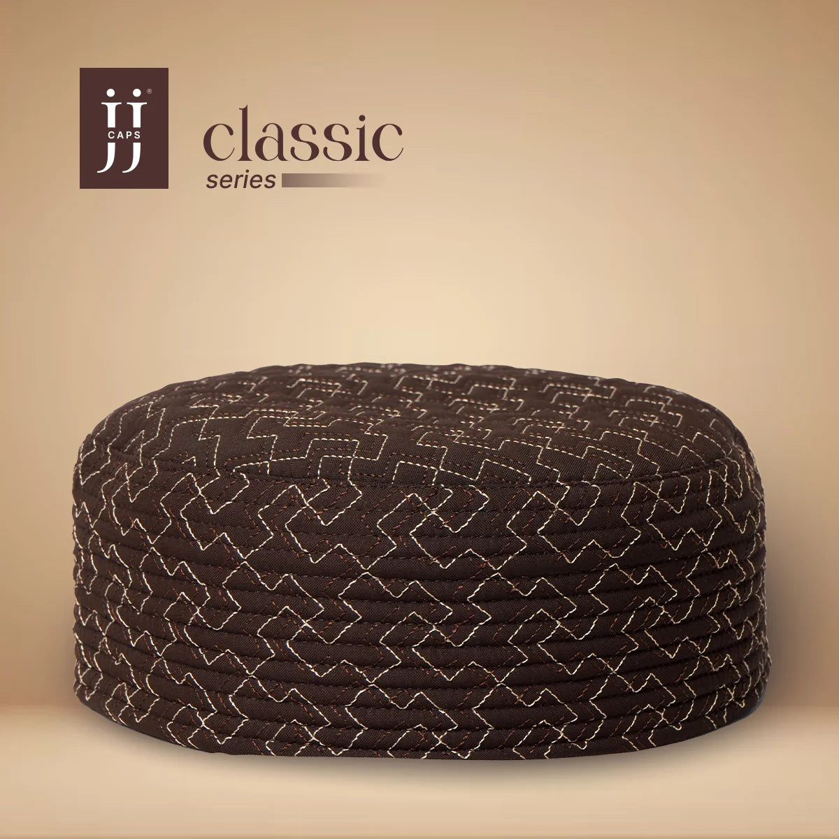 HayaStyle reversible Kufi cap in rich brown featuring the Quds design with brown and cream threading.