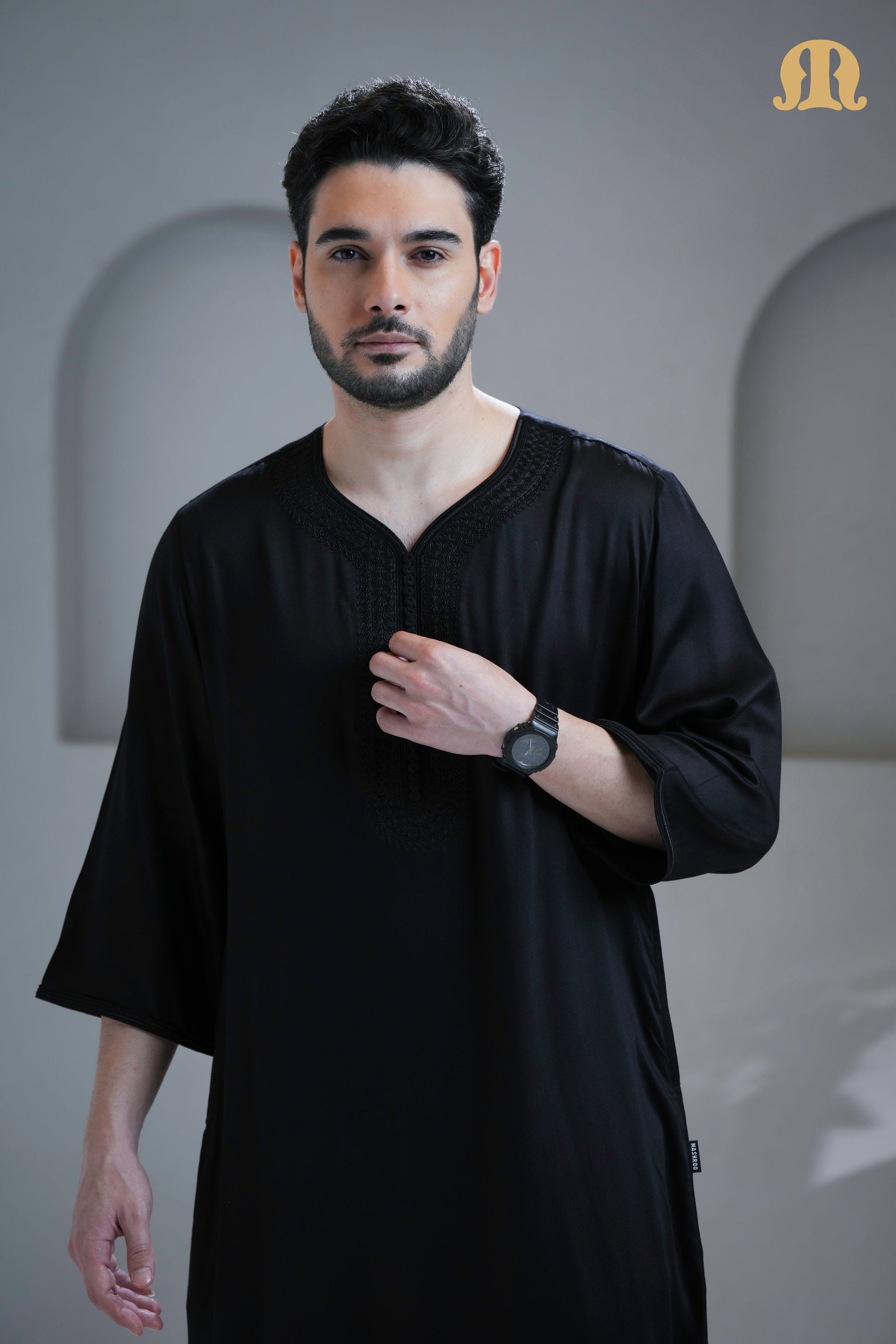 Detail of the 3/4 sleeve on the Tiznit Black Moroccan Thobe.