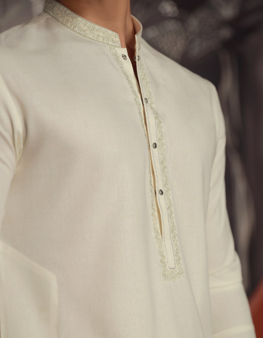 White Blended Traditional Kameez Shalwar by J. Junaid Jamshed - Premium Islamic Men's Wear