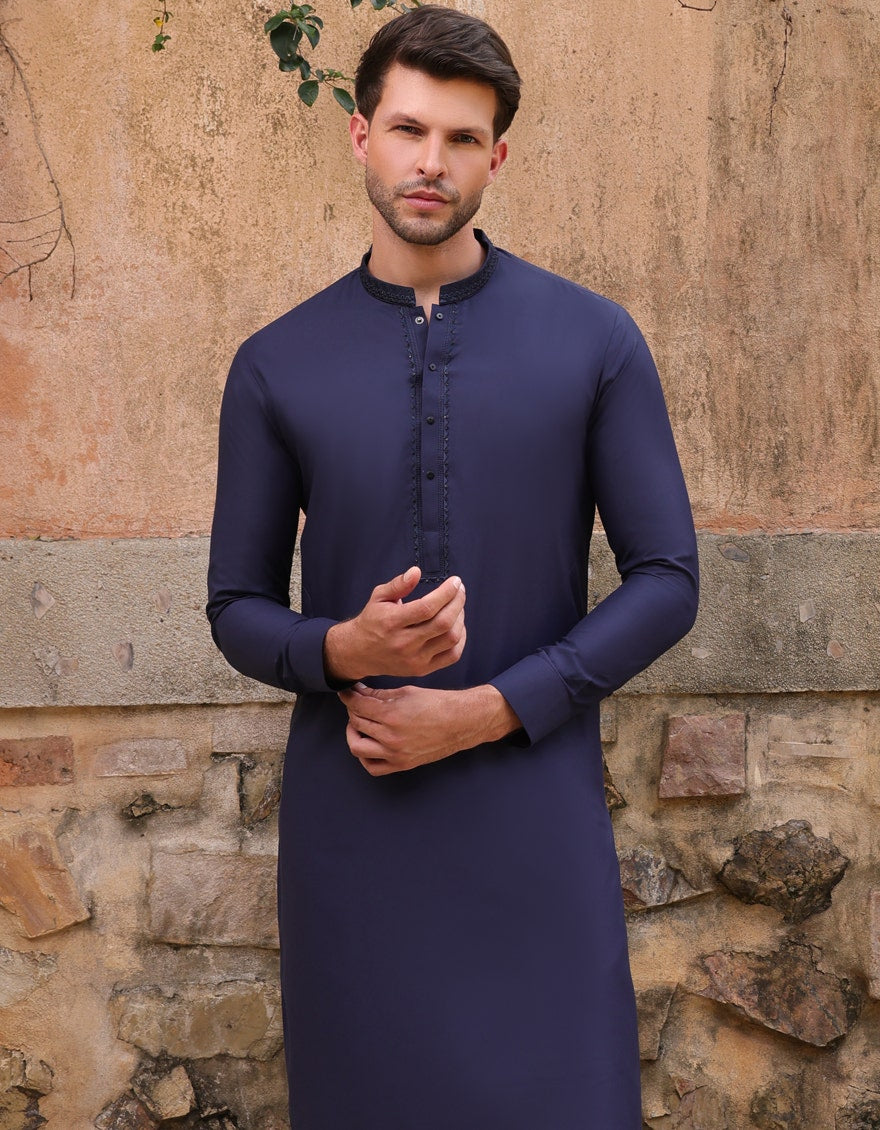 Blue Blended Traditional Kameez Shalwar by J. Junaid Jamshed - Premium Islamic Men's Wear