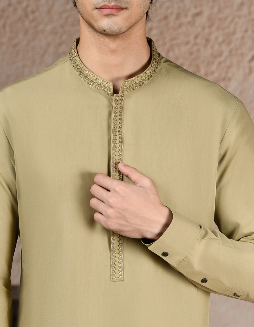 Beige Blended Traditional Kameez Shalwar by J. Junaid Jamshed - Premium Islamic Men's Wear