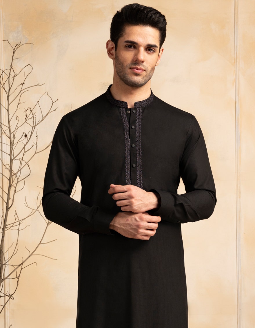 Black Blended Semi-Formal Kameez Shalwar by J. Junaid Jamshed - Premium Islamic Men's Wear