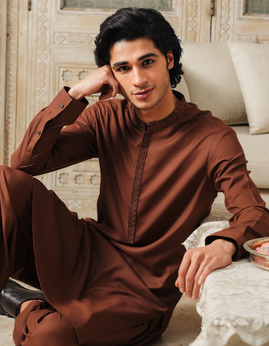 Rust Blended Semi-Formal Kameez Shalwar by J. Junaid Jamshed - Premium Islamic Men's Wear