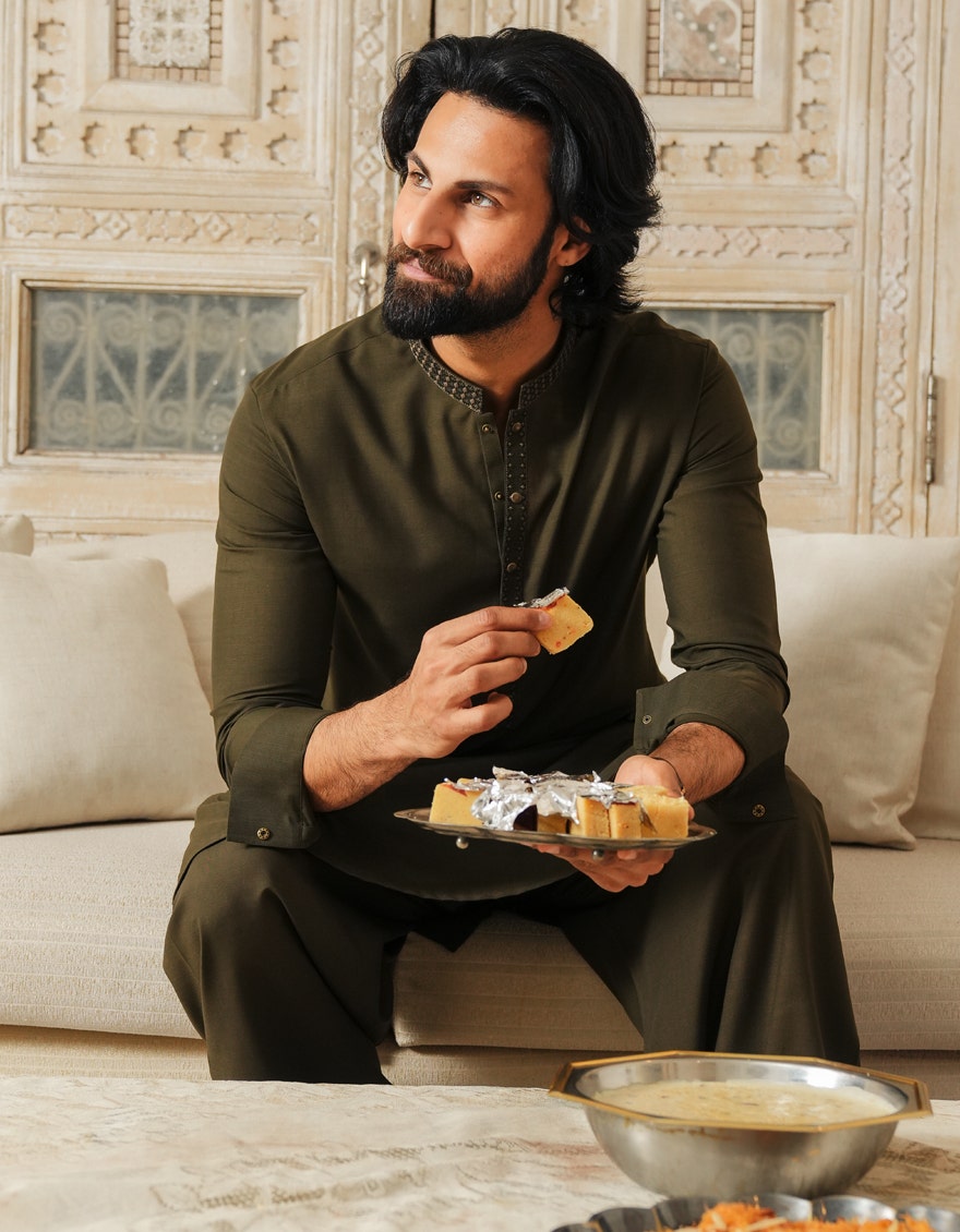 Green Polyester Semi-Formal Kameez Shalwar by J. Junaid Jamshed - Premium Islamic Men's Wear