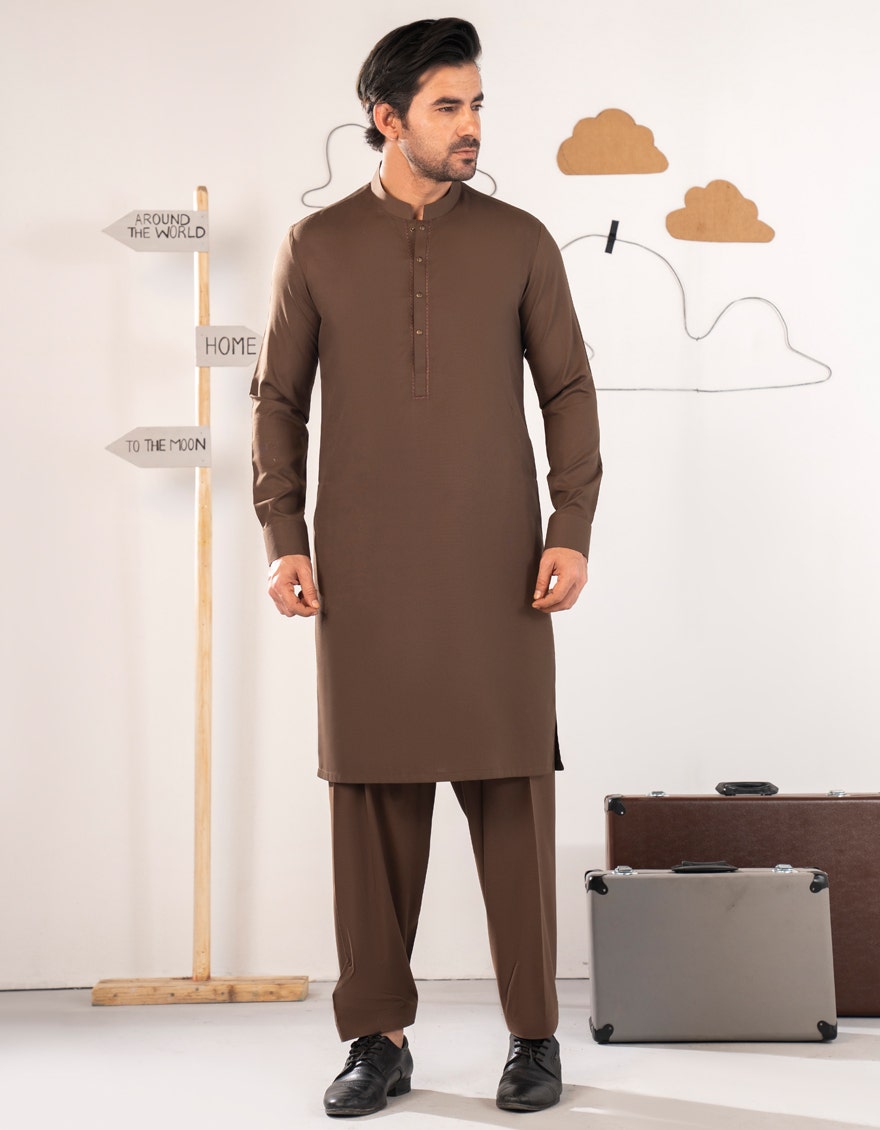 Brown Blended Semi-Formal Kameez Shalwar by J. Junaid Jamshed - Premium Islamic Men's Wear
