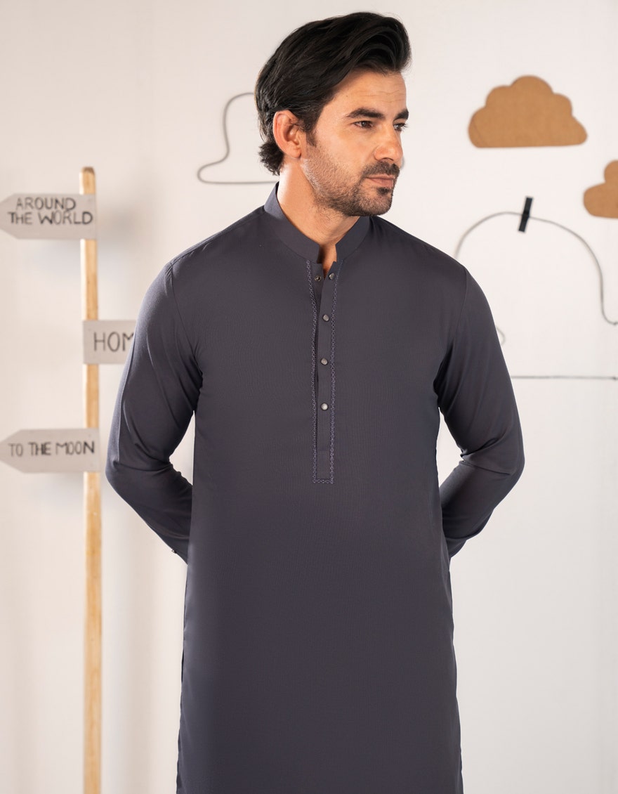 Grey Blended Semi-Formal Kameez Shalwar by J. Junaid Jamshed - Premium Islamic Men's Wear