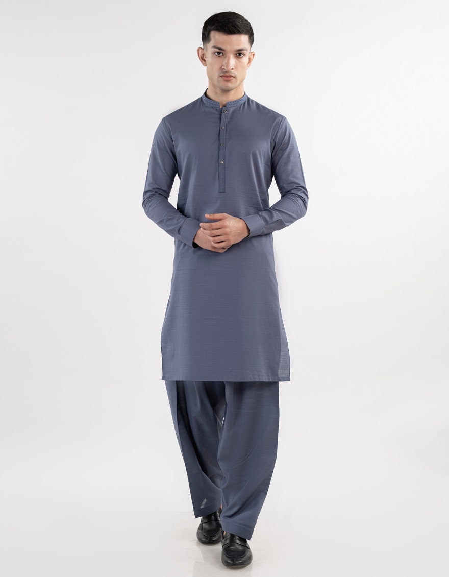 J. Junaid Jamshed Blue Semi-Formal Kameez Shalwar - Traditional Pakistani Men's Clothing