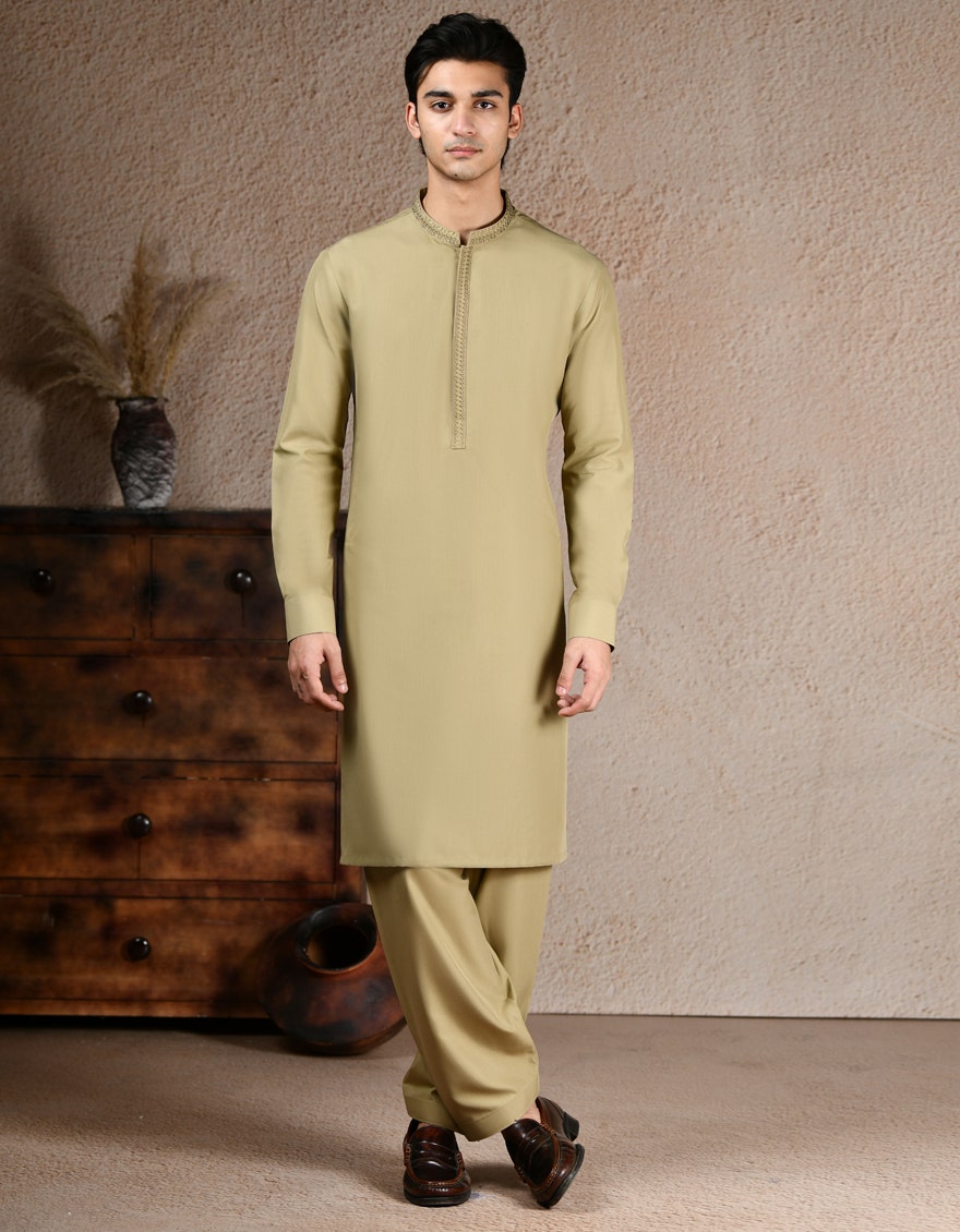 J. Junaid Jamshed Beige Traditional Kameez Shalwar - Traditional Pakistani Men's Clothing