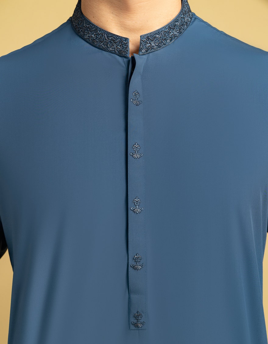 Blue Blended Semi-Formal Kameez Shalwar by J. Junaid Jamshed - Premium Islamic Men's Wear