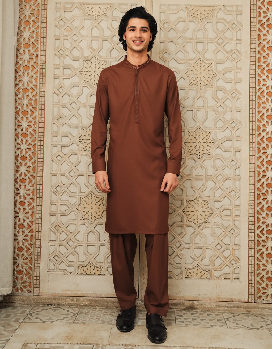 J. Junaid Jamshed Rust Semi-Formal Kameez Shalwar - Traditional Pakistani Men's Clothing