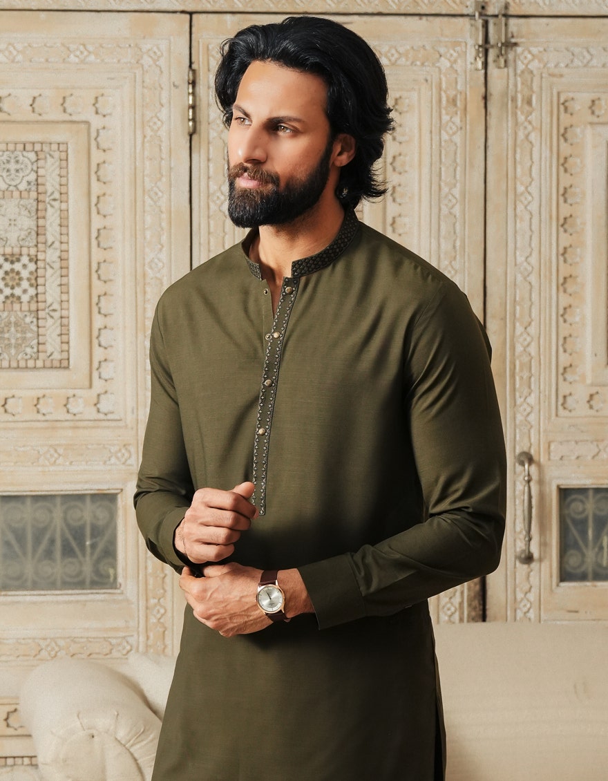 J. Junaid Jamshed Green Semi-Formal Kameez Shalwar - Traditional Pakistani Men's Clothing