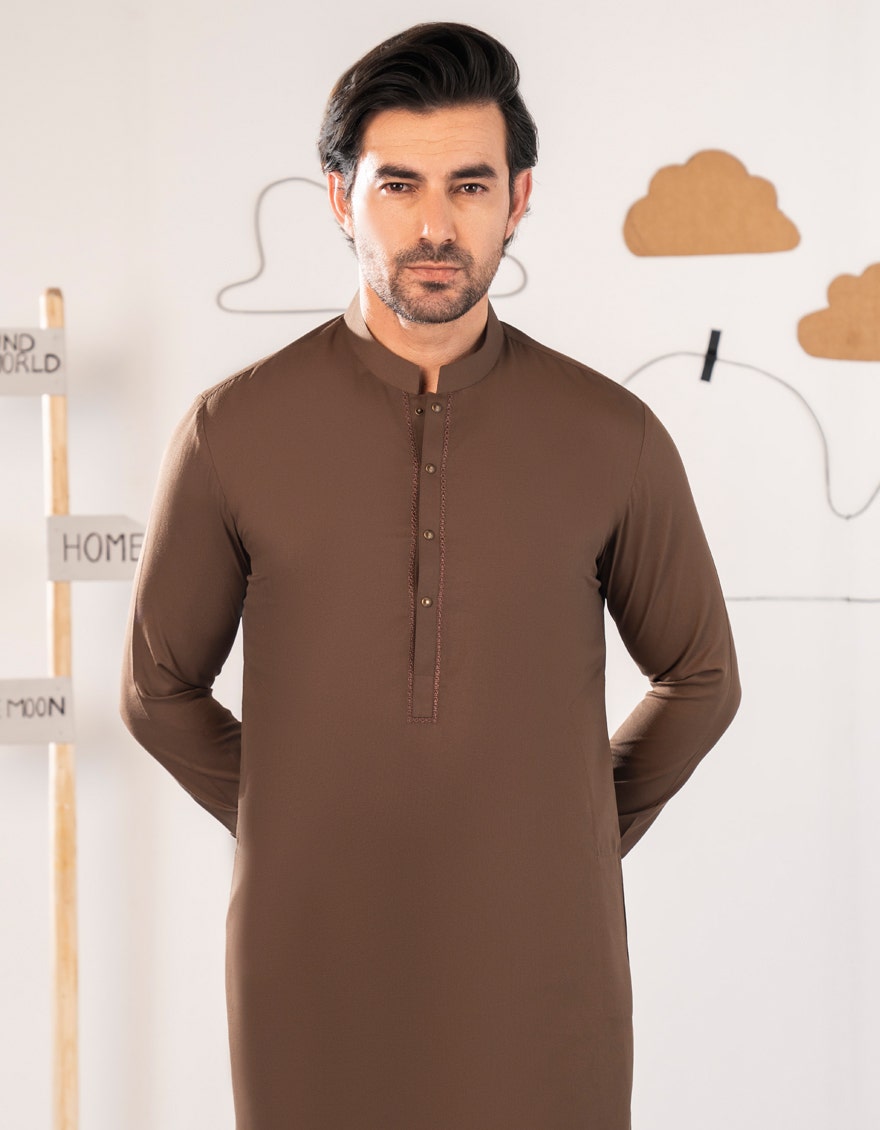 J. Junaid Jamshed Brown Semi-Formal Kameez Shalwar - Traditional Pakistani Men's Clothing