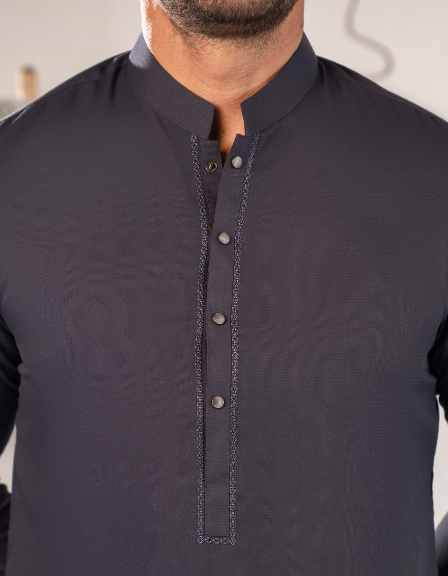 J. Junaid Jamshed Grey Semi-Formal Kameez Shalwar - Traditional Pakistani Men's Clothing