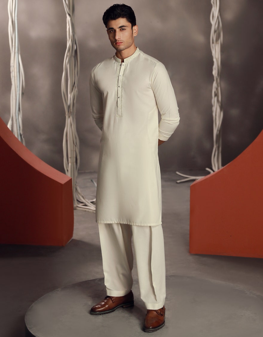 White Blended Kameez Shalwar - Elegant Islamic Fashion for Men by Junaid Jamshed