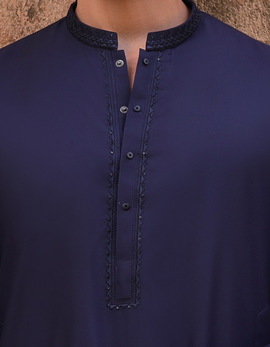 Blue Blended Kameez Shalwar - Elegant Islamic Fashion for Men by Junaid Jamshed