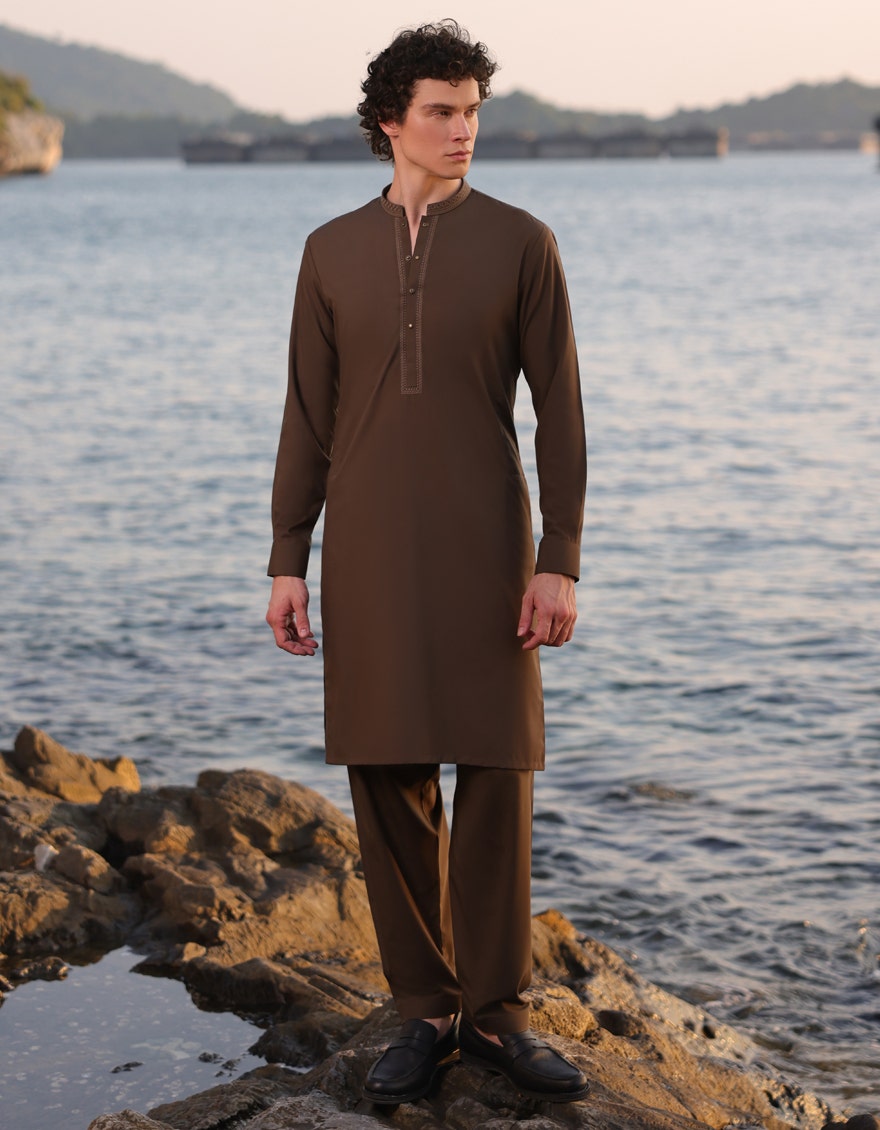 Green Blended Kameez Shalwar - Elegant Islamic Fashion for Men by Junaid Jamshed