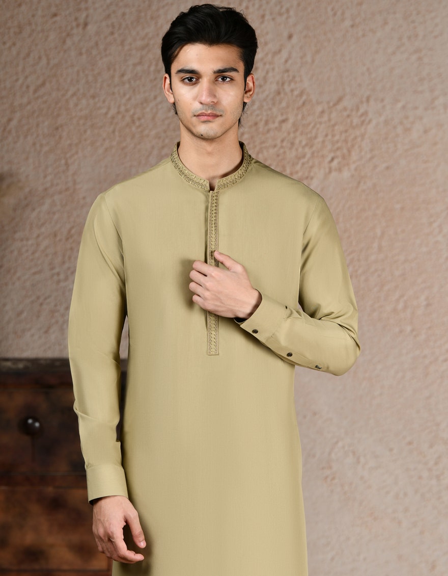 Beige Blended Kameez Shalwar - Elegant Islamic Fashion for Men by Junaid Jamshed