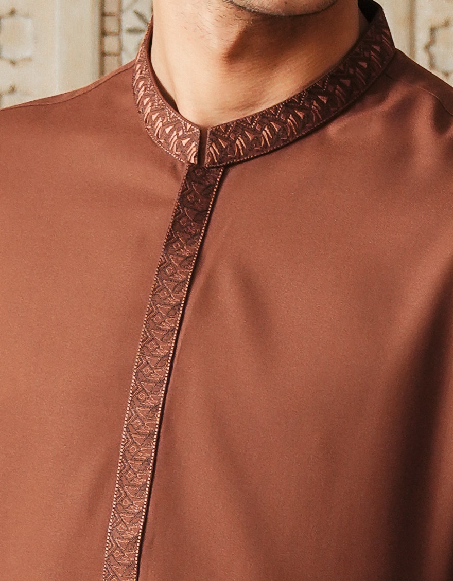 Rust Blended Kameez Shalwar - Elegant Islamic Fashion for Men by Junaid Jamshed