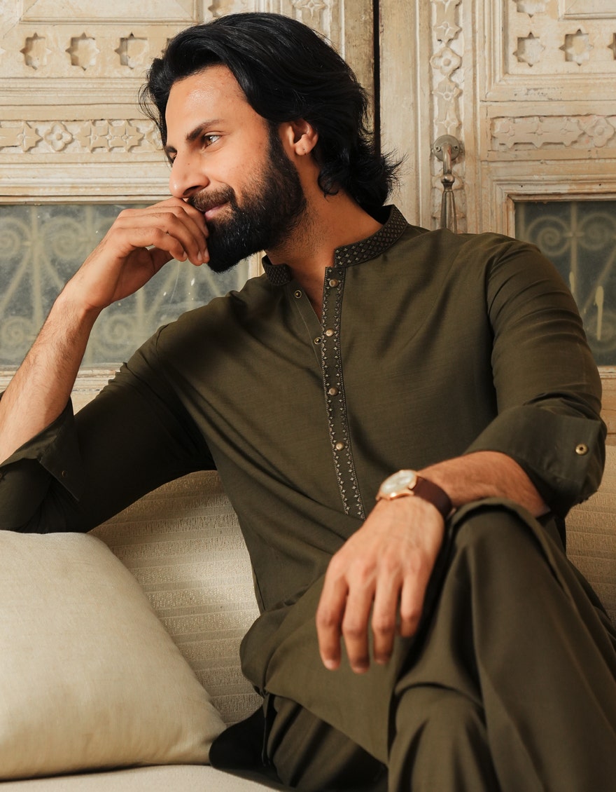Green Polyester Kameez Shalwar - Elegant Islamic Fashion for Men by Junaid Jamshed