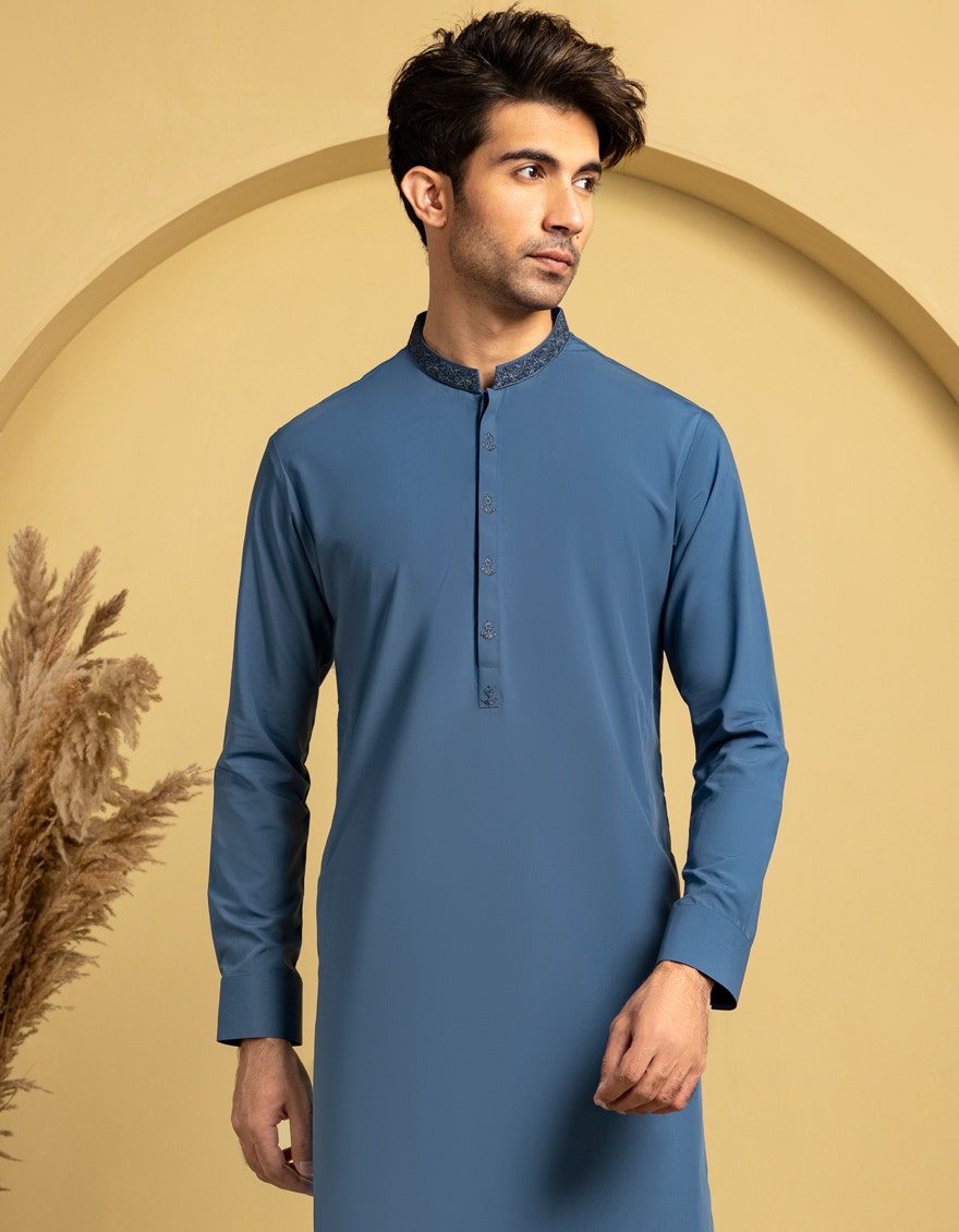 J. Junaid Jamshed Blue Semi-Formal Kameez Shalwar - Traditional Pakistani Men's Clothing