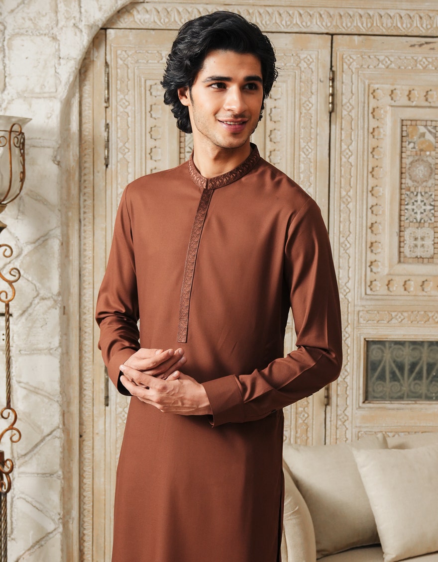 Premium Rust Semi-Formal Men's Kameez Shalwar - J. Junaid Jamshed Collection