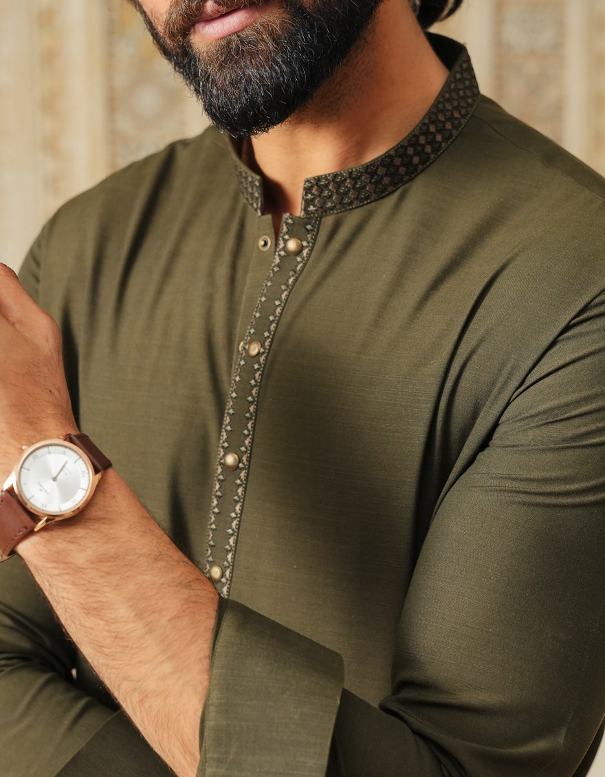 Premium Green Semi-Formal Men's Kameez Shalwar - J. Junaid Jamshed Collection