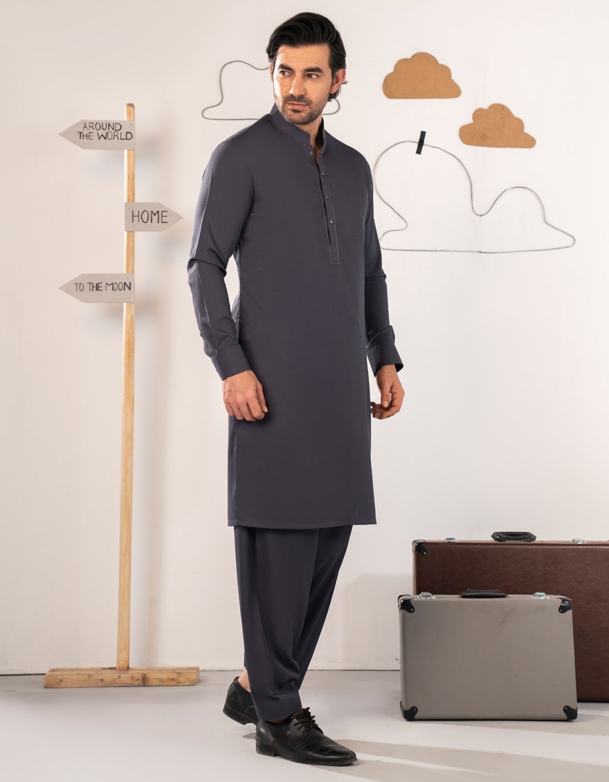 Premium Grey Semi-Formal Men's Kameez Shalwar - J. Junaid Jamshed Collection