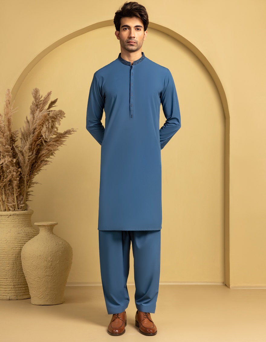 Blue Blended Kameez Shalwar - Elegant Islamic Fashion for Men by Junaid Jamshed