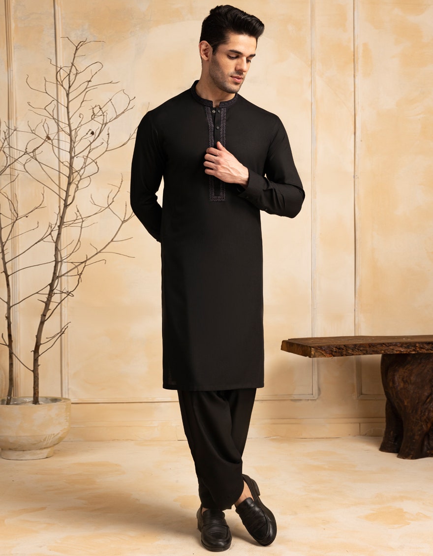 J. Junaid Jamshed Black Semi-Formal Kameez Shalwar - Traditional Pakistani Men's Clothing