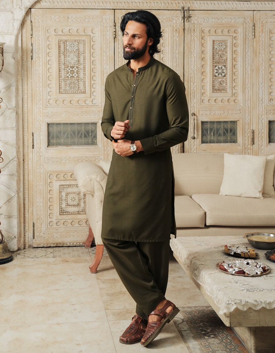 Semi-Formal Green Kameez Shalwar - Authentic Pakistani Islamic Wear for Men