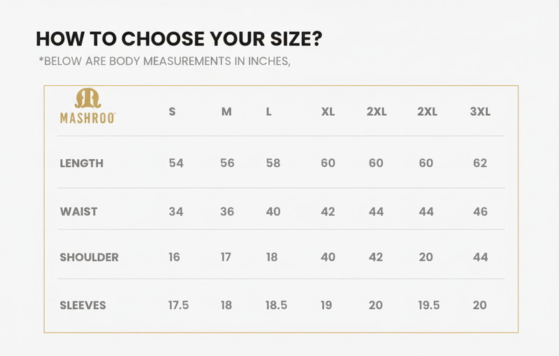 Size chart for Mekong Navy Blue Denim Thobe for Men by Mashroo