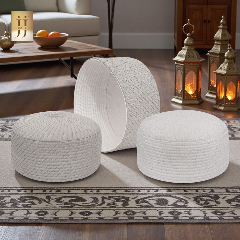 Reversible Light Gray Siraj & White Uhud Premium Kufi Cap | JJ Caps®