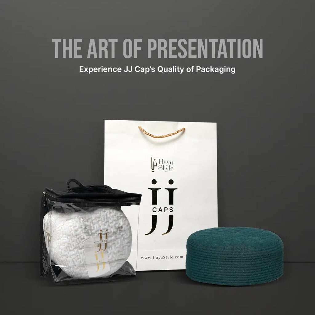 JJ Cap packaging with a white bag, black cap, and teal product on a dark background.