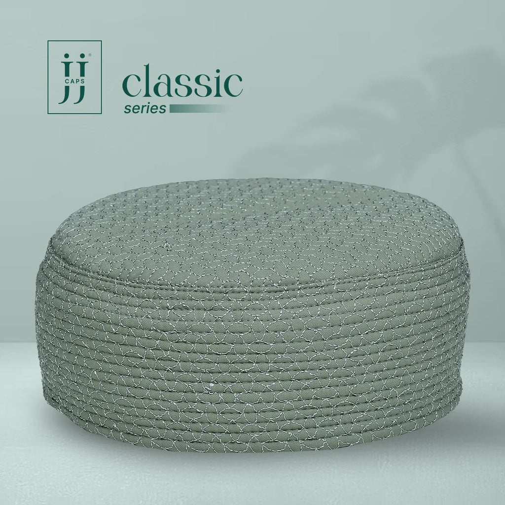HayaStyle reversible Kufi cap in Pista green with Sham design, inspired by Junaid Jamshed.