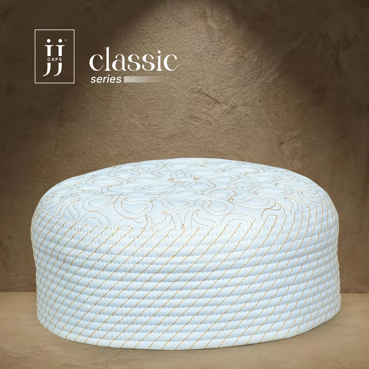 HayaStyle reversible Kufi cap in white with Salam design and golden thread, JJ Caps®.