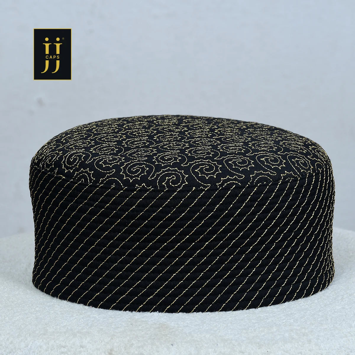 HayaStyle reversible Kufi cap in black with Golden Badr design, inspired by Junaid Jamshed (JJ Caps®).