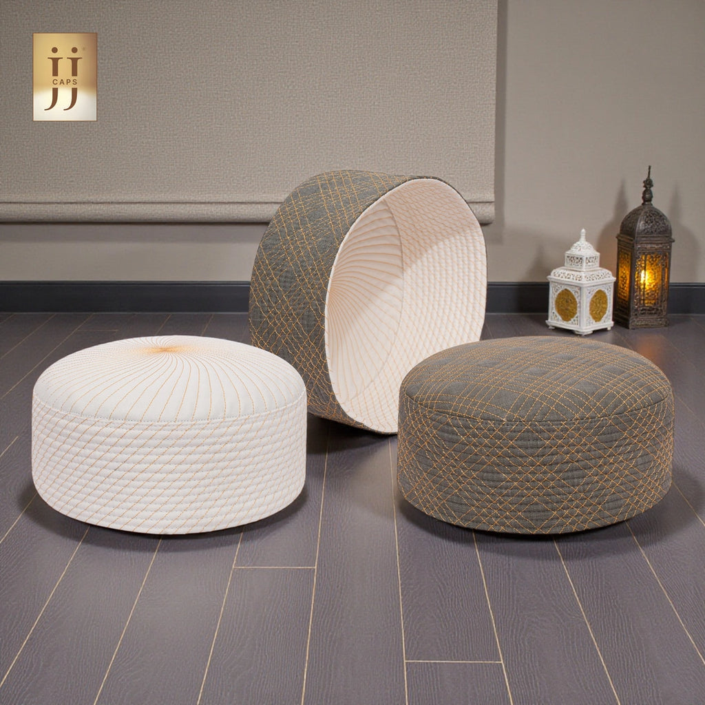 HayaStyle reversible Kufi cap in Gray color fabric with Uhud design, inspired by Junaid Jamshed.