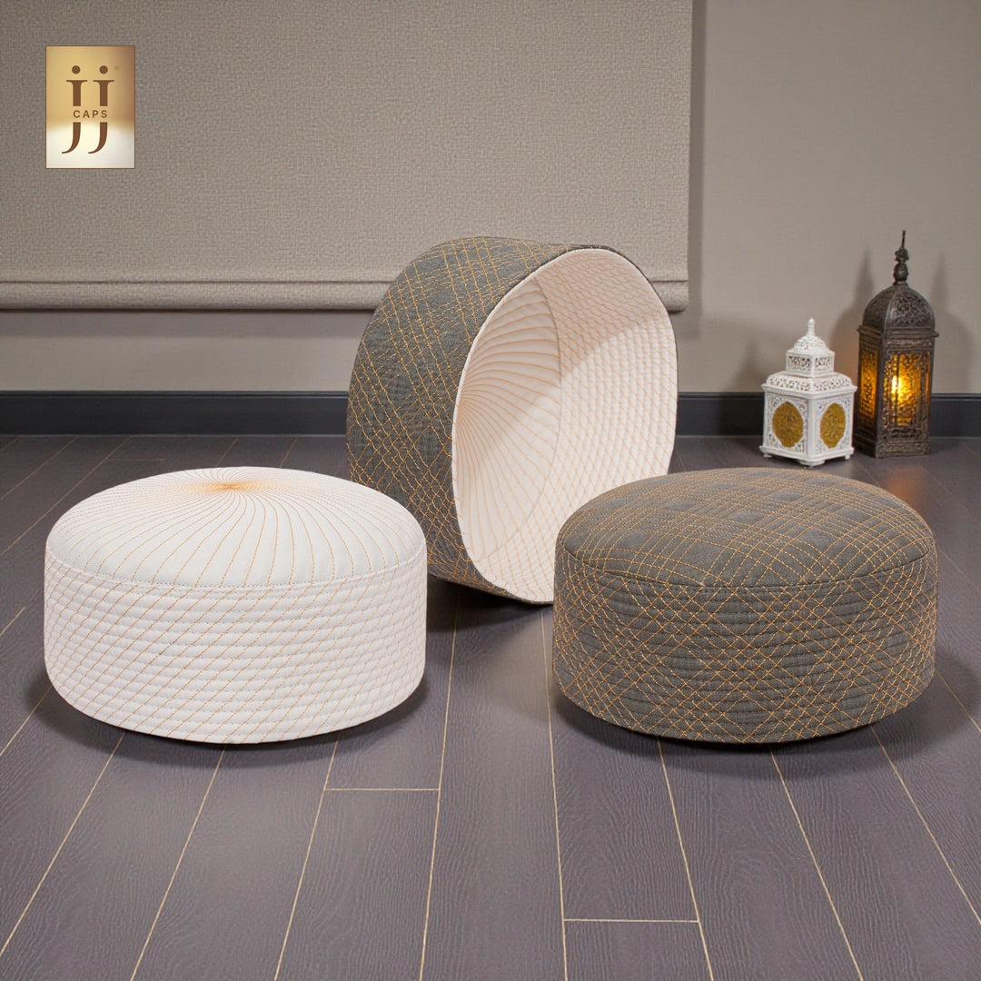 HayaStyle reversible Kufi cap in Gray color fabric with Uhud design, inspired by Junaid Jamshed.