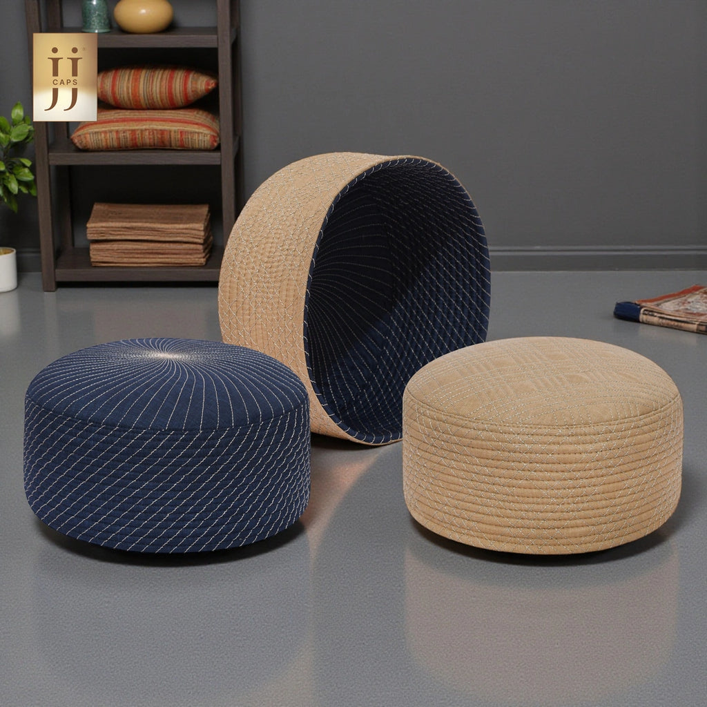 HayaStyle reversible Kufi cap in Golden color fabric with Uhud design, Junaid Jamshed style.