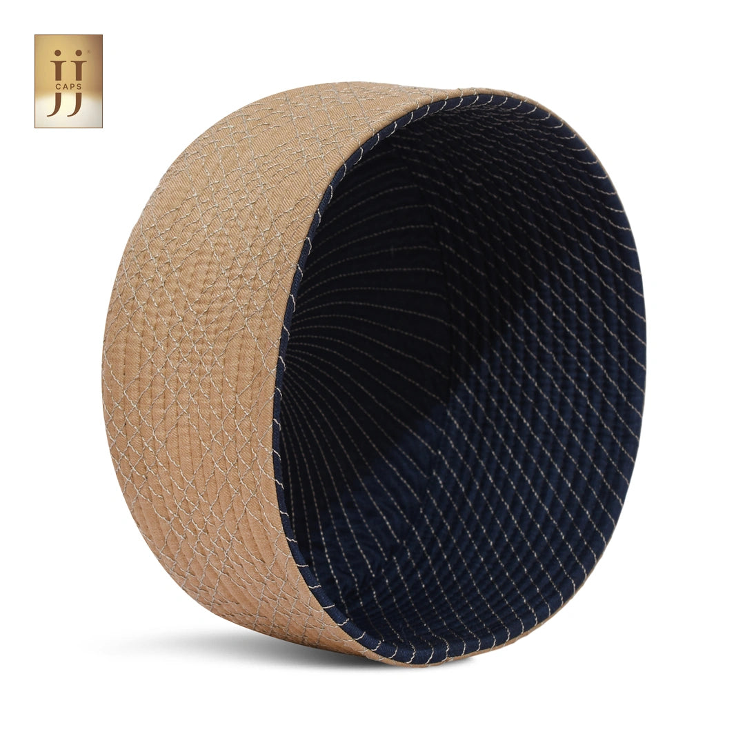 Navy Blue color fabric Siraj design on the reverse side of the premium HayaStyle Namaz cap.