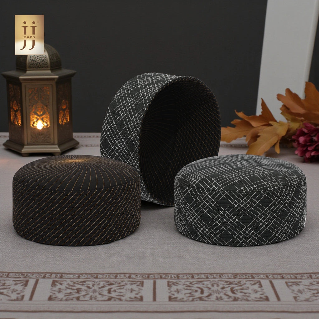 HayaStyle reversible Kufi cap in DarkGreen color fabric with Uhud design, inspired by Junaid Jamshed.