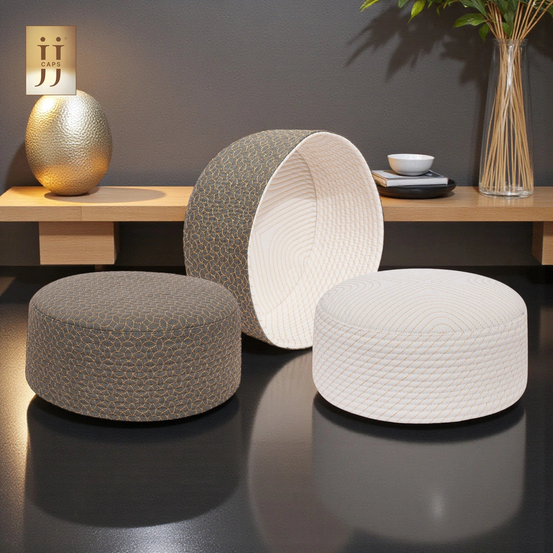 HayaStyle dual-style Kufi cap in Gray color fabric with Sham design, JJ Caps inspired.