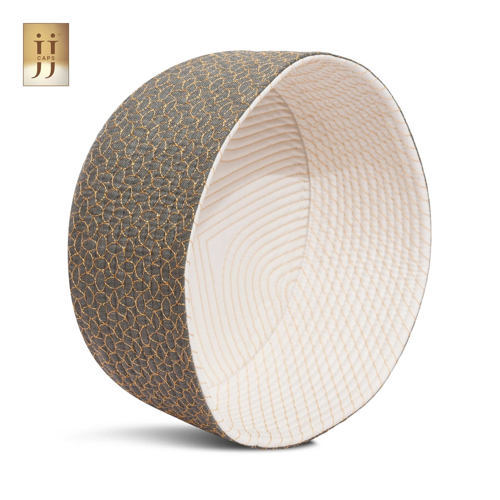 White color fabric ZamZam design on the reverse of the HayaStyle reversible Namaz cap.