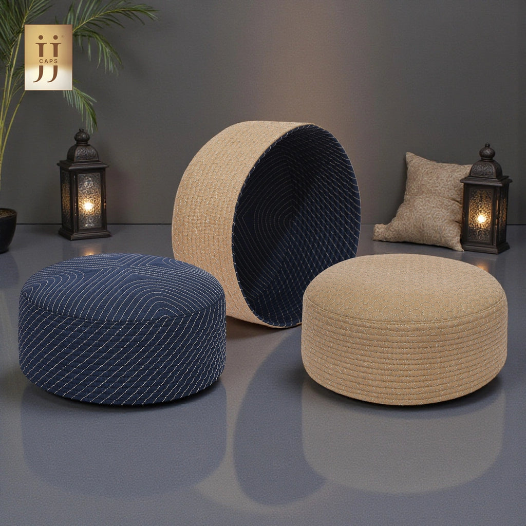 HayaStyle reversible Kufi cap in Golden color fabric with Sham design, Junaid Jamshed inspired style.