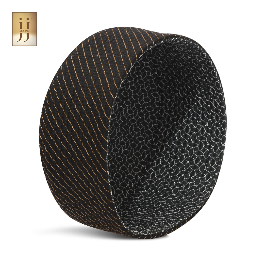 Black color fabric ZamZam design on the reverse side of the HayaStyle JJ Topi.